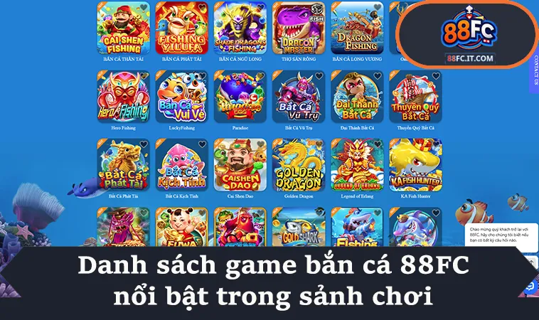 Danh sách game bắn cá 88FC nổi bật trong sảnh chơi