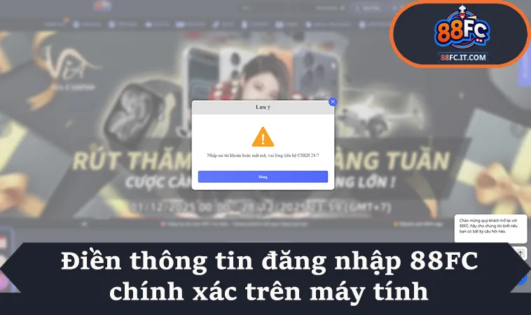 Điền thông tin đăng nhập 88FC chính xác trên máy tính