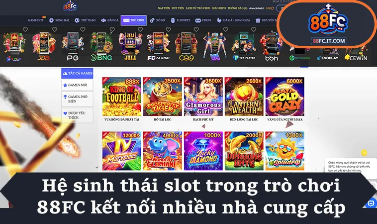 Hệ sinh thái slot trong trò chơi 88FC kết nối nhiều nhà cung cấp