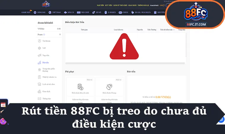 Rút tiền 88FC bị treo do chưa đủ điều kiện cược