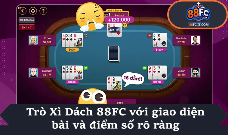 Trò Xì Dách 88FC với giao diện bài và điểm số rõ ràng